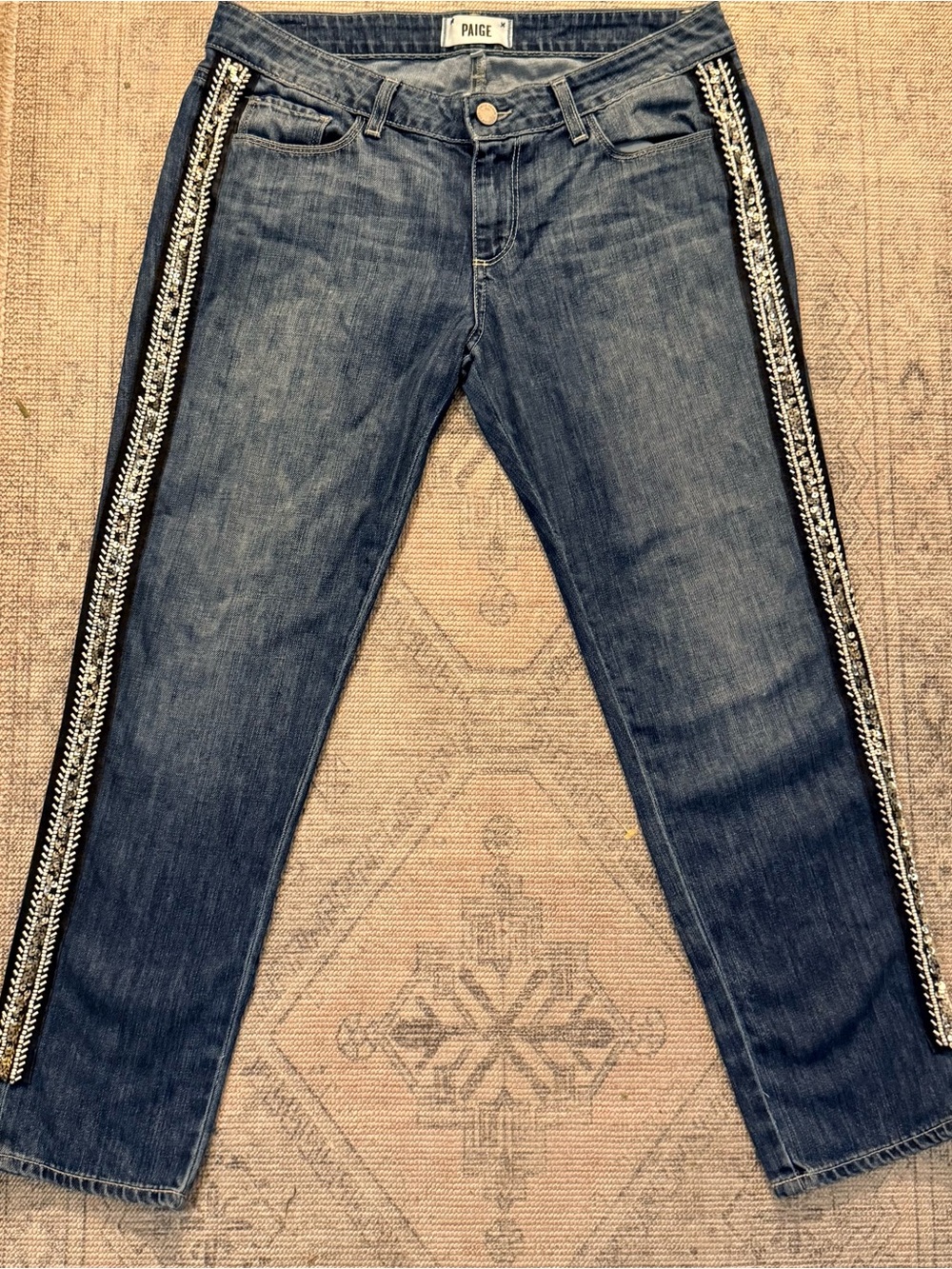PAIGE Jimmy Jimmy Crop Jeans Size 28 Beaded Side Stripe Embellished Crop Denim